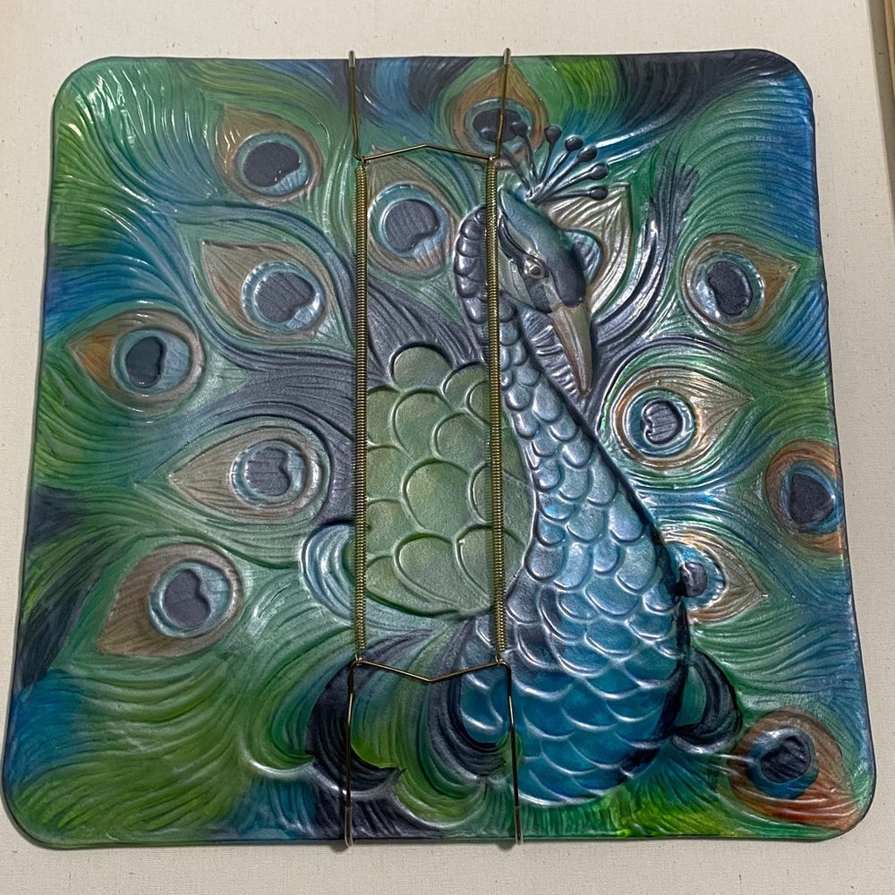 Vibrant Peacock Glass Art Plate with Hanger - Picture 2 of 3
